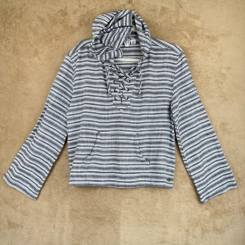 Roxy Poncho Felpa con Cappuccio Donna S Blu Righe Cabo Trip Camicia Lacciata Coastal Boho - Foto 3 di 13