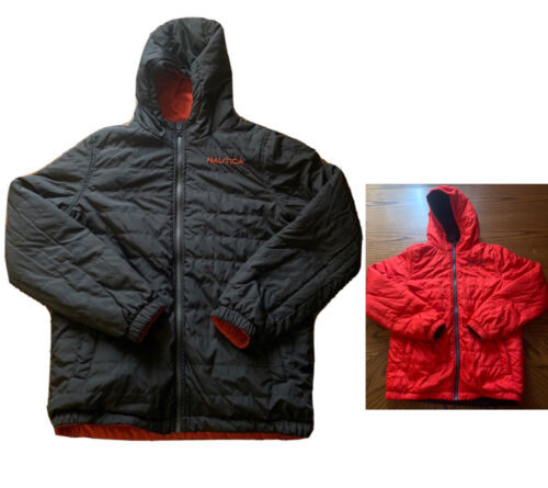 NAUTICA REVERSIBLE DOWN PUFFER JACKET RED ORANGE & BLACK HOODIE YOUTH LG 14/16  - Picture 1 of 12