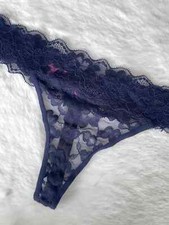 Vintage La Senza Navy Spandex Thong G-string Panty Sheer Floral Lace Briefs SZ.L