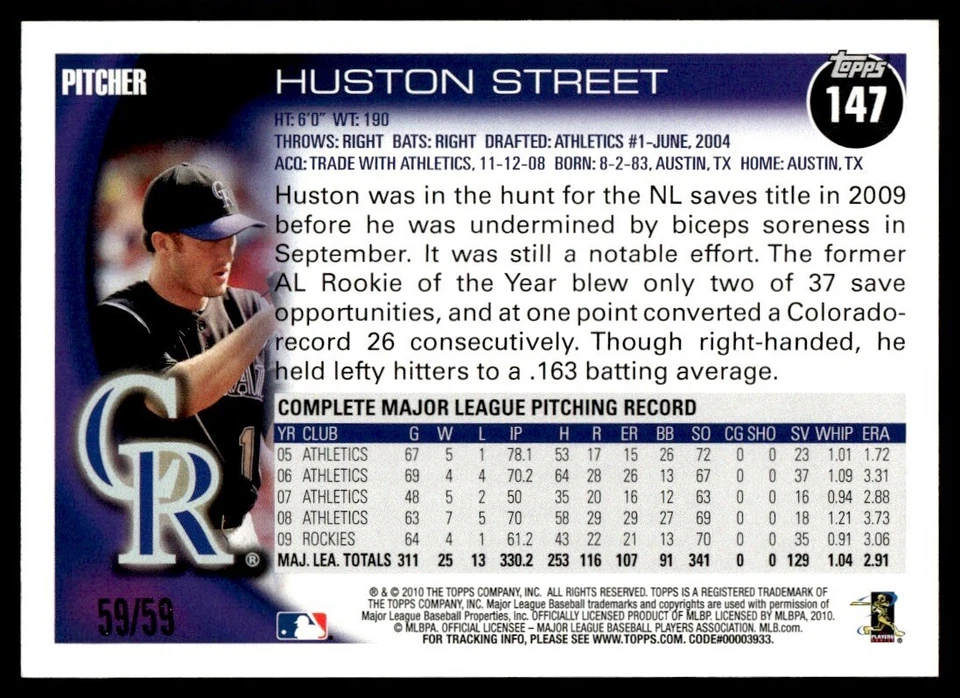 2010 Topps 59/59 Huston Street Colorado Rockies #147 - Imagem 2 de 2
