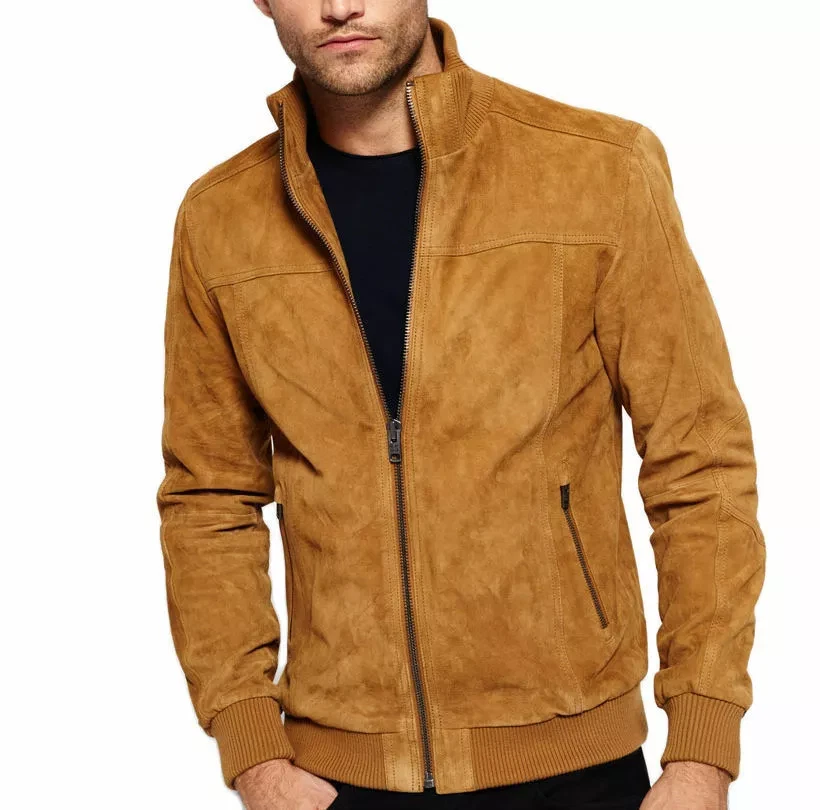 Men's Tan Suede Leather Jacket Bomber Jacket Real Soft Jacket Biker Coat Jacket