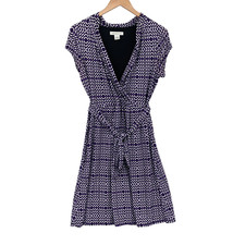 Liz Claiborne Flare Dress Womens Medium Multi Geometric Stretch Faux Wrap V-Neck