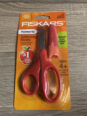 Fiskars 5'' Pointed-Tip Kids Scissors, Safety-Edge Blade with Sheath Eraser Red