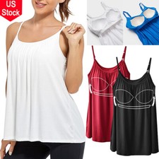 Women With Built In Bra Tank Top Vest Flowy Sleeveless Adjustable Strap Camisole
