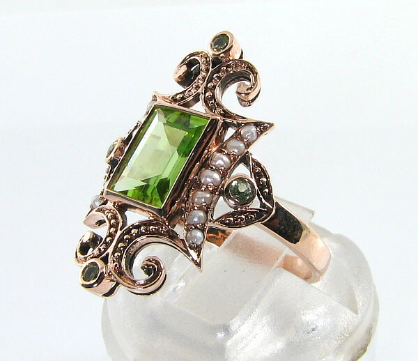 Anillo Cluster 9ct Oro Rosa Peridoto y Perla Art Déco Cocktail Talla Gratis O