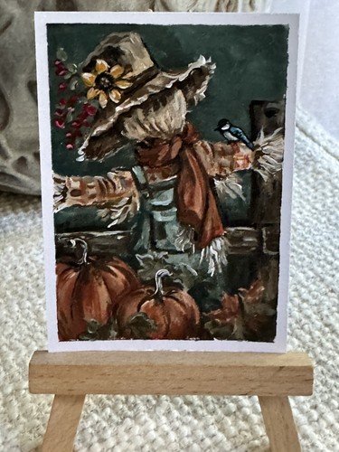 ACEO Original OOAK Miniature Fine Art Scarecrow Bird Pumpkin Fall Painting COA⁠
