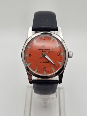 Vintage 1960s Henri Sandoz And Fils Manual 17 Jewel Men Analog Watch Orange Dial