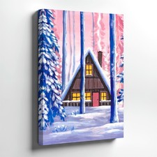 Wall Art Winter Cabin Painting Snowy Forest Landscape Pink Sky Rustic Decor