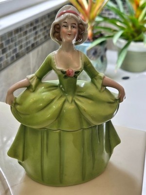 Art Deco German Madame Pompadour Green Dress Porcelain Powder/ Dresser Box #744