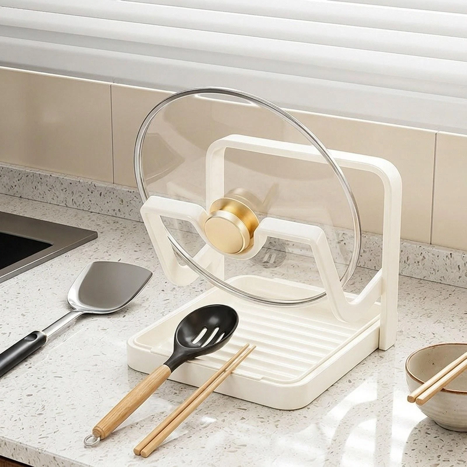 Pot Lid Organizer Rack Lid and Spoon Rest Shelf for Cupboard Kitchen Counter