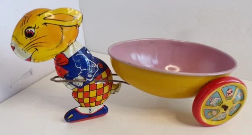 J Chein & Co Tin Litho Pull Toy Easter Rabbit Pulling Egg Cart 1940s Vtg Bunny