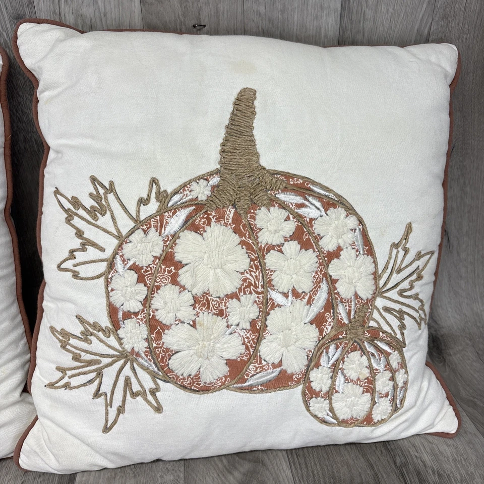 Fall Autumn Pumpkin Pillow Twine Burlap Embroidered Set of 2 - 17" x 17" - Image 3 of 4