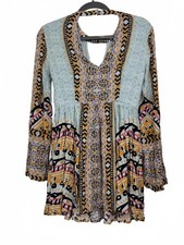 Free People women's 4 Tegan Bell sleeve Border Printed Mini Dress Blue Boho