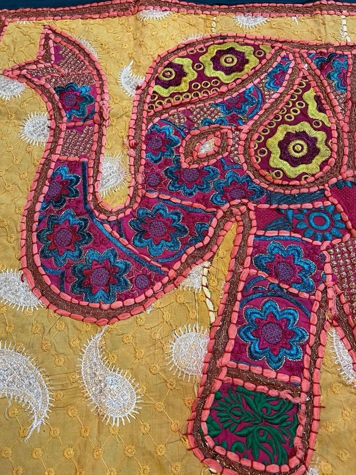 Vintage Rajasthani Patchwork Tapestry India Elephant Embroidered Metallic 36x25” - Image 3 of 4