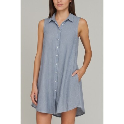 Zara Basic Striped Button Down Tunic Dress XS Blue White Cotton Sleeveless Boho