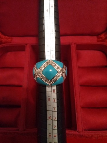 Silvertone & Aqua Ring Clear Stones Sz 7.5 Signed - Picture 5 of 12
