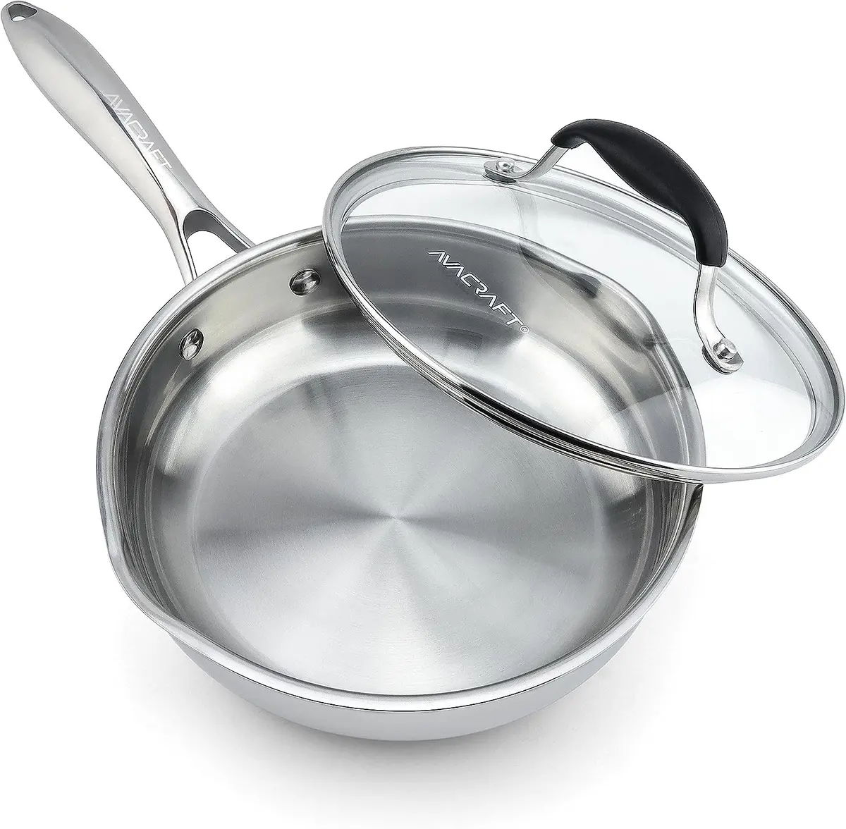 8 Inch Tri-Ply Stainless Steel Frying Pan with Lid, Side Spouts