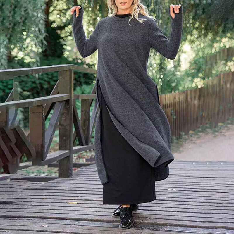 Ladies Loose Long Sleeve Maxi Dresses Women Casual Slit Winter Sweatshirt  Dress