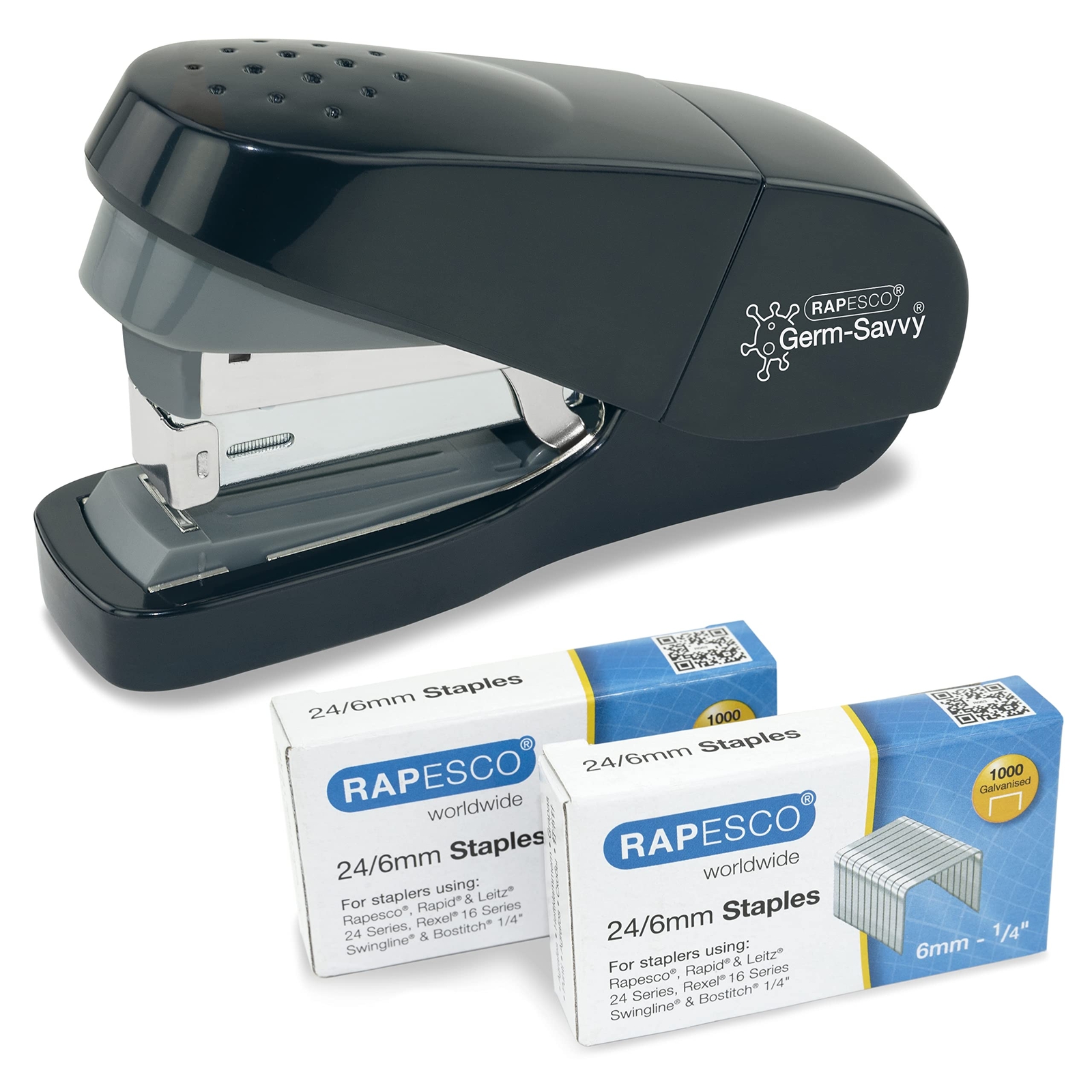 Rapesco 1688 Germ-Savvy Antibacterial, ECO Less Effort Flat Clinch Stapler with