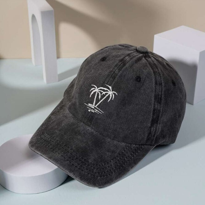 Palm Tree Embroidered Washed Cotton Adjustable Cap - Low Profile Khaki Baseball Hat, One Size Fits Most