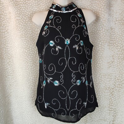 Guru Designs Vintage Y2k Womens Top Black Beaded Sequin High Neck Zip Size UK 14