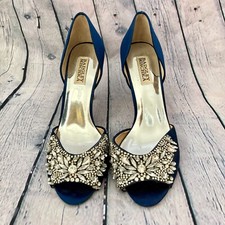Badgley Mischka Candance High Heel Shoes 8.5 Navy Rhinestones Open Toe Pump SEE