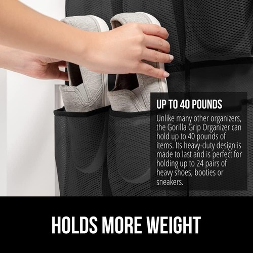 GORILLA GRIP Organizador de Zapatos Sobre Puerta con 24 Bolsillos Grandes de Malla, Negro - Imagen 3 de 10