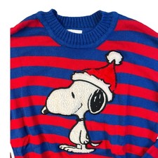 Peanuts Snoopy Christmas Sweater Red Blue Stripes Santa Hat Pullover Youth XS J4
