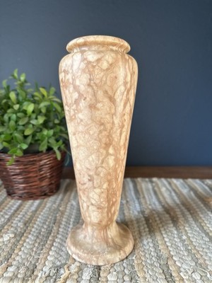VTG Alabaster Or Marble Veined Stone Vase Sienna Brown & Cream Colored 10  Tall