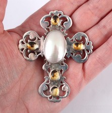 Vintage Western NAKAI Navajo Sterling Silver MOP Citrine Cross Pendant Brooch
