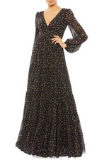 Mac Duggal Floral Long Sleeve Chiffon A-Line Gown in Black Multi, Size 12