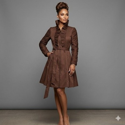 Samuel Dong Brown Ruched Long Sleeve Coat Dress With Belt High Collar & Full