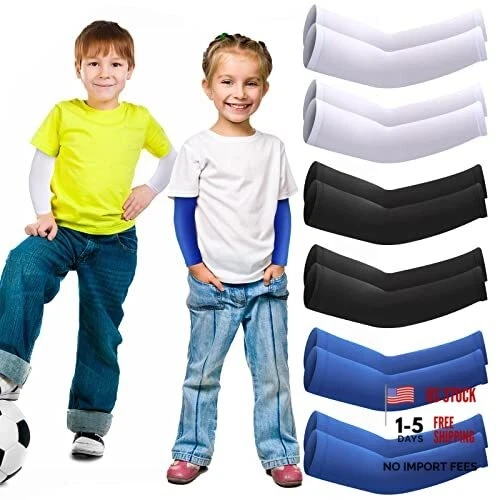 6 Pairs Arm Sleeves for Kids, Compression UV Cooling Arm Black, White, Blue