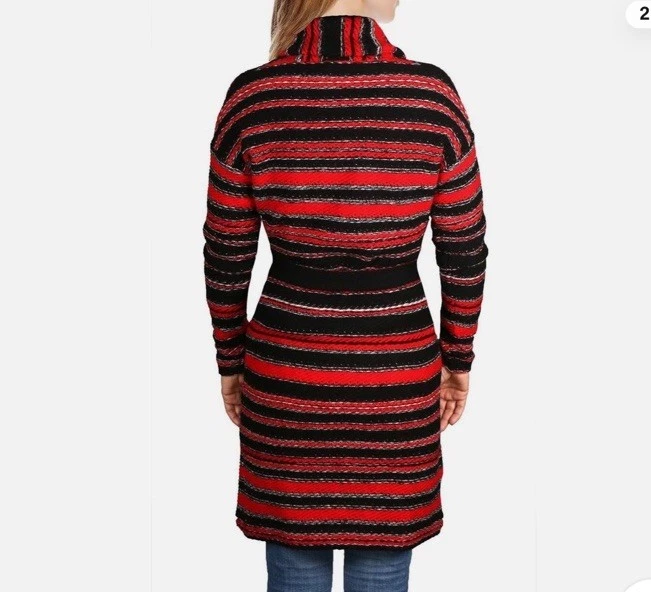 Cárdigan Suéter Para Mujer Ralph Lauren Negro Rojo Rayas Mezcla Lana Largo Cinturón L Foto 3 de 4