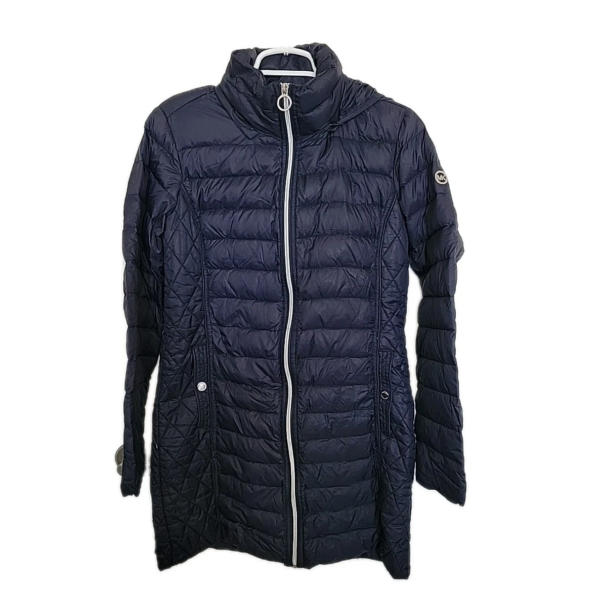 Michael Kors Piumino Imbottito BLU NAVY Puffer Longline Giacca Cappuccio Rimovibile M