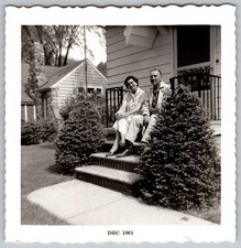 Vtg B&W Snapshot Man Woman Sitting House Steps Porch Dec 1961 Michigan Photo