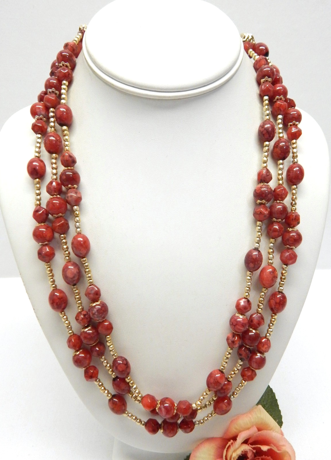 Vintage Hong Kong, Multi Strand Gold Tone & Lucite Bead Necklace 23
