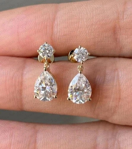 Solid 14K Yellow Gold Excellent Pear Cut 3 Ct Moissanite Drop Dangle Earrings - Image 2 of 4