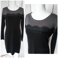 AB Studio Sweater Dress Size Medium Black Gray Colorblock Lace Trim Minimalist