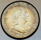 1949 Franklin Half Dollar 50c. Attractive Obverse Rainbow Toning 90% SILVER