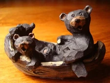 Black Bear Canoe Figurine Dad & Cubs Paddling Rustic Lodge Cabin Decor Gift New