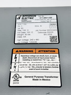 Jefferson Electric 411-0081-000 1-Phase Transformer, 1.5kVA | eBay