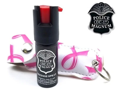 Police Magnum pepper spray 1/2oz Pink Ribbon Keychain Holster Defense Security