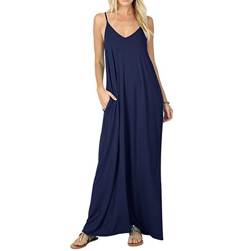 Womens Loose V Neck Pocket Maxi Dress Summer Beach Strapy Boho Long Sundress - 第 14/18 張圖片