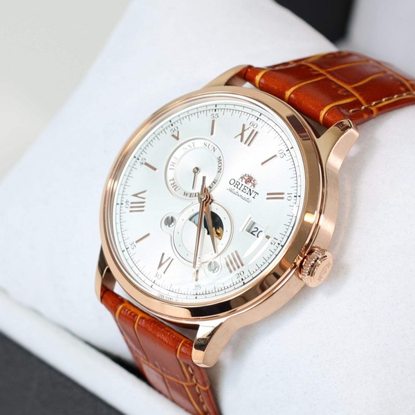 Orient Sol y Luna Esfera Blanca Hombre Automático Oro Rosa Tono Reloj RA-AK0801S30 3
