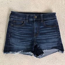 American Eagle Women 4 Next Level Stretch Hi Rise Shortie Dark Wash Jean Shorts