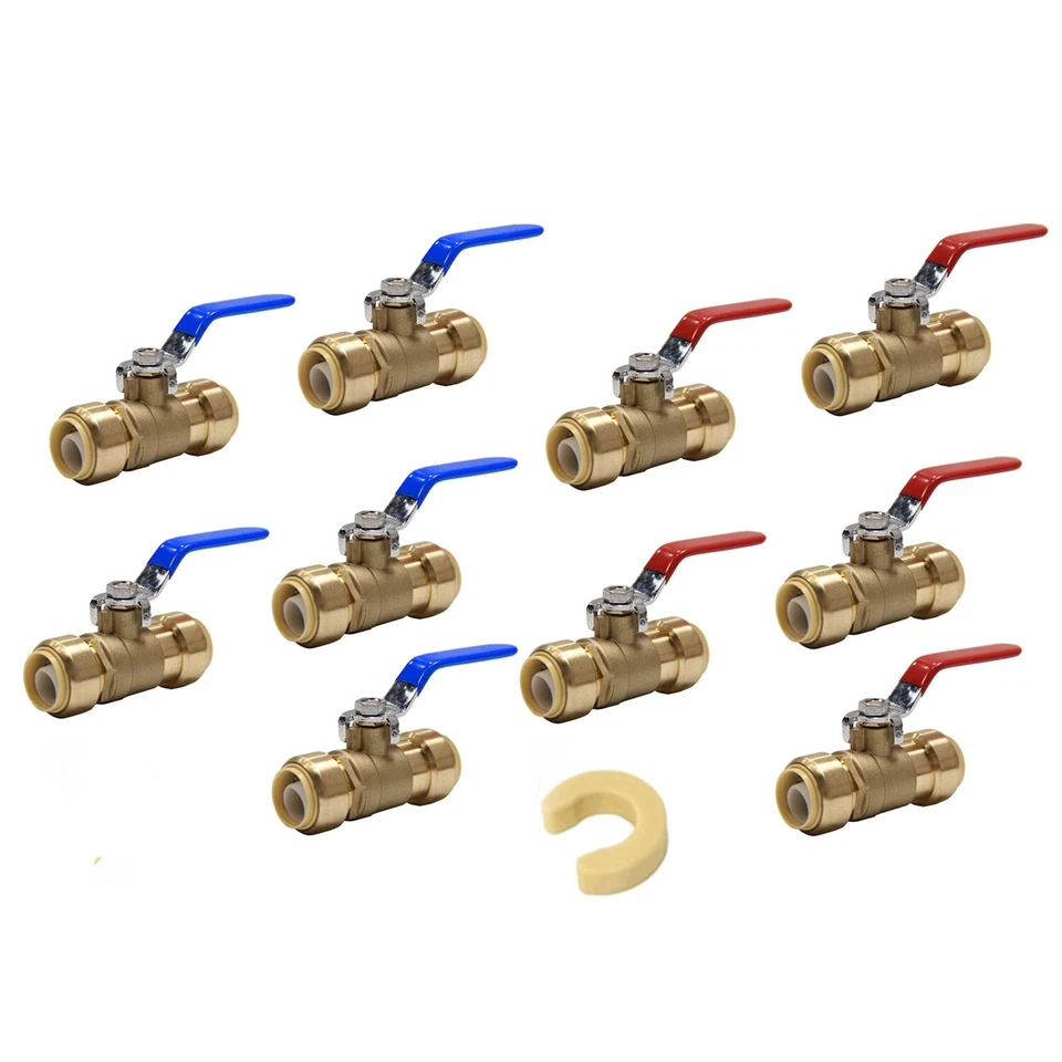 HOGER EFIELD 10PCS 3/4"PUSH FIT BRASS BALL VALVE HOT & COLD +CLIPS, NO LEAD