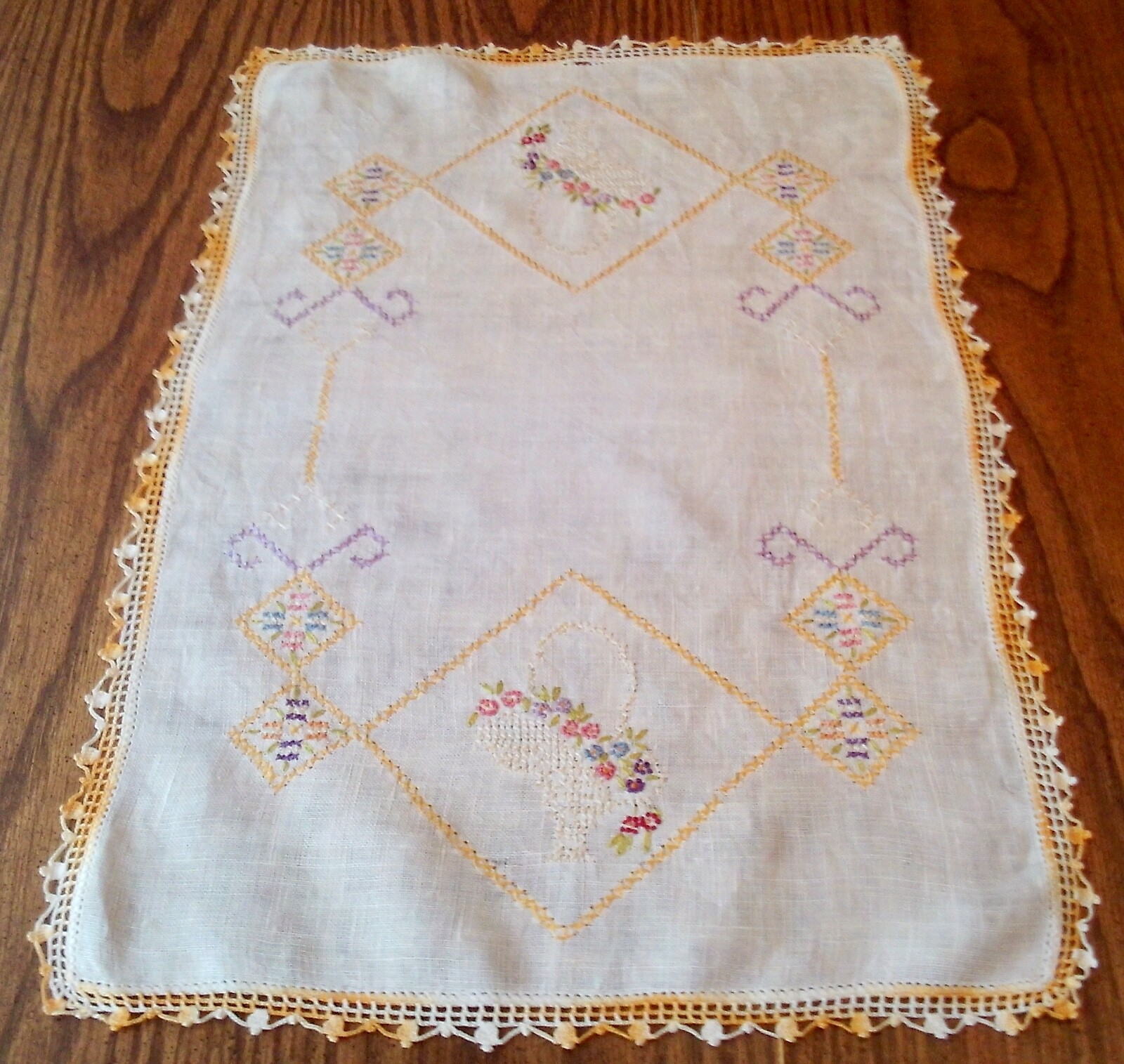 Vintage Rectangular Embroidered Cross Stitch Dresser Scarf Crochet Edge
