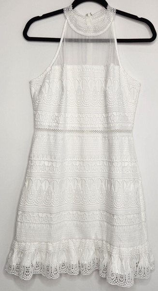 STYLE STATE Ivory Lace, satin and chiffon bodycon bottom frill dress Sz 14 Women