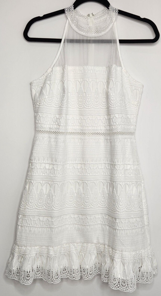 STYLE STATE Ivory Lace, satin and chiffon bodycon bottom frill dress Sz 14 Women